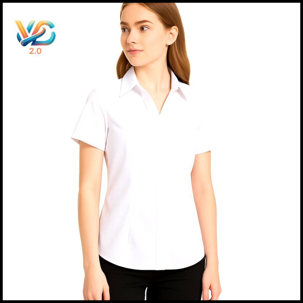 White Y Neck Slim Fit Short Sleeve Blouse Office Casual Button Down Shirt